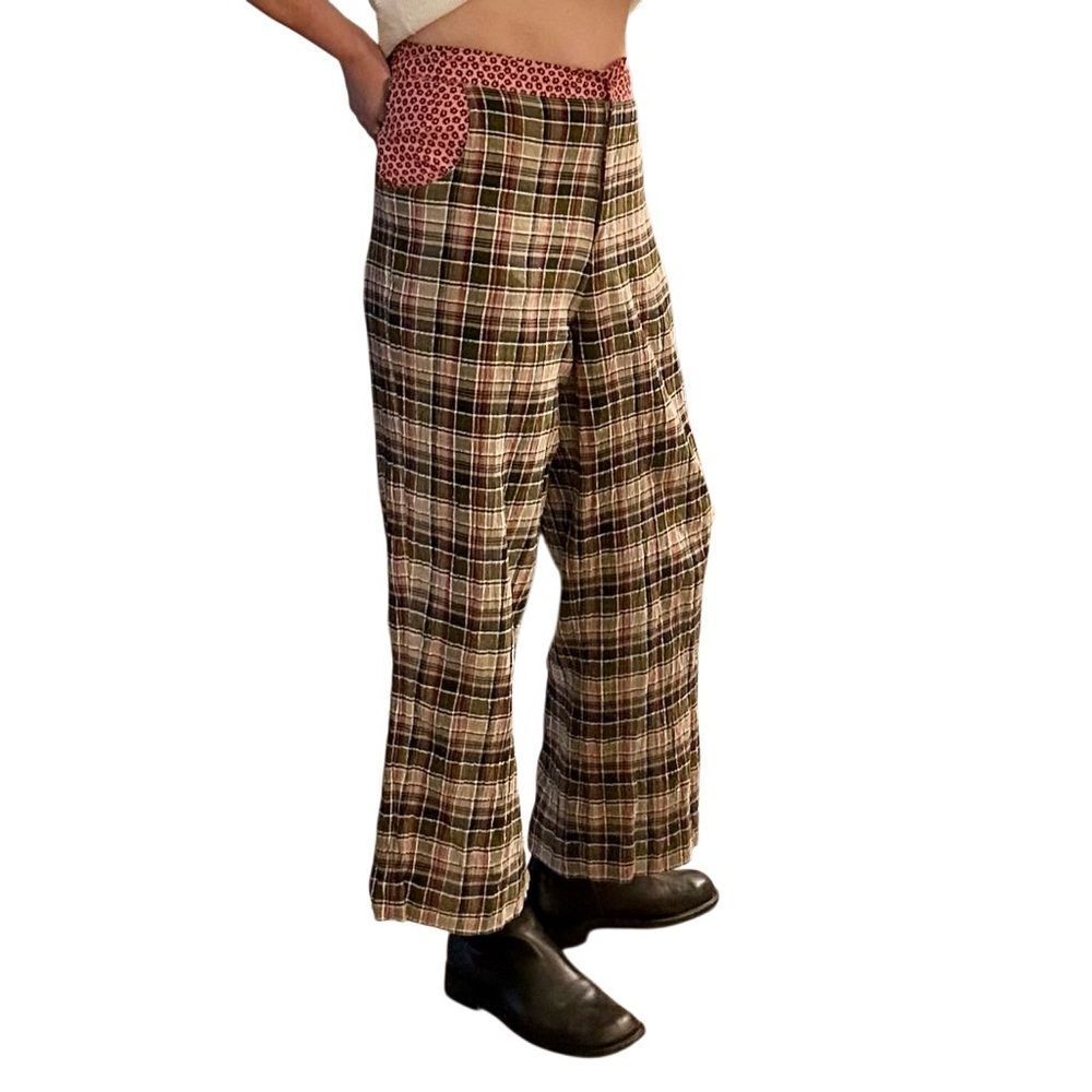 Anthropologie Plaid floral brown cream pink wide leg Pant 10 Boho Cottagecore